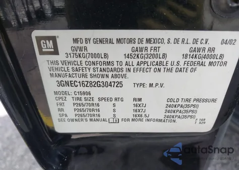 2002 Chevrolet Suburban 1500 Lt z USA, uszkodzony, nr VIN 3GNEC16Z82G304725